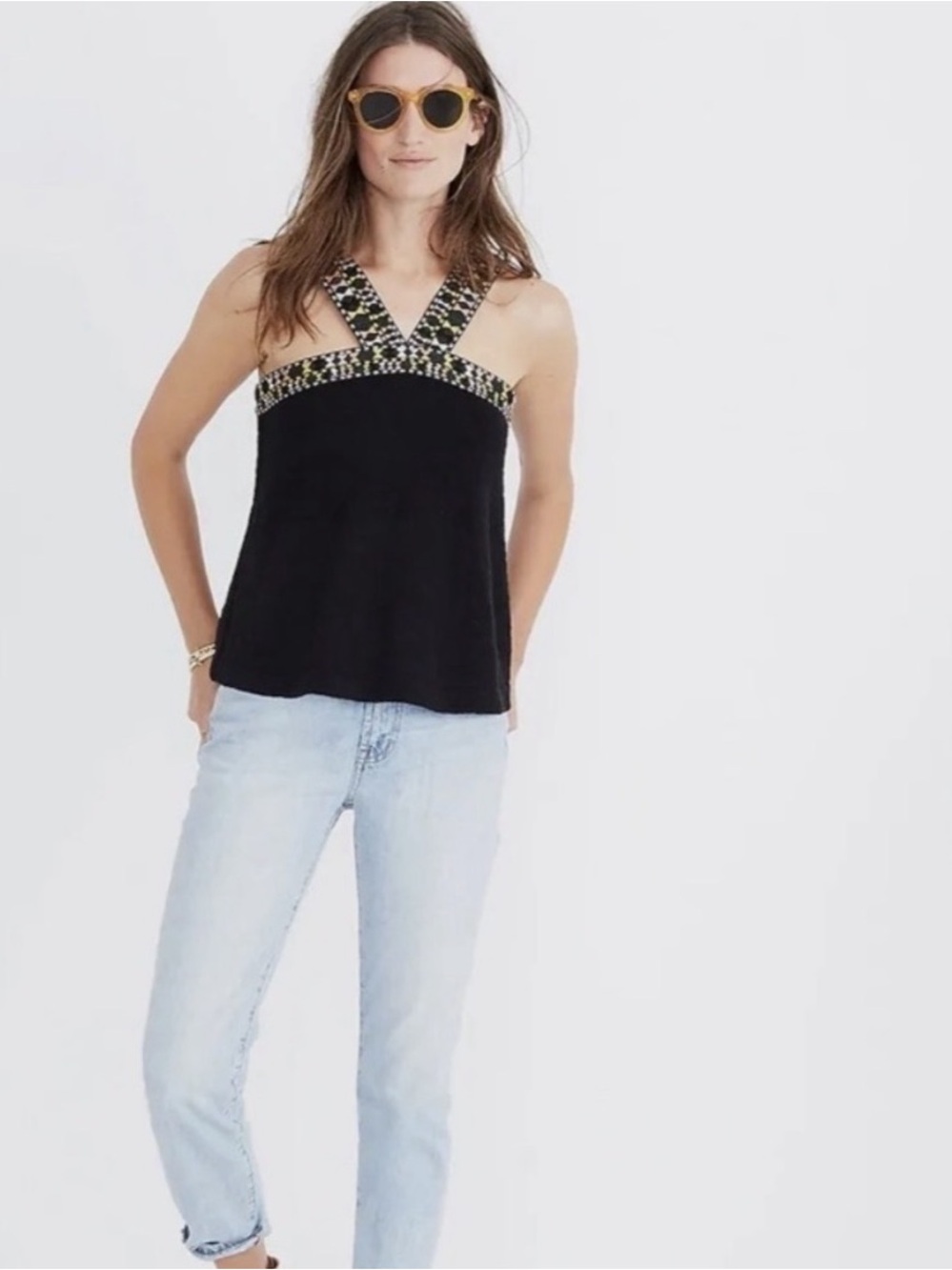 Madewell Black Knit Swing Tank Embroidered Straps Size L